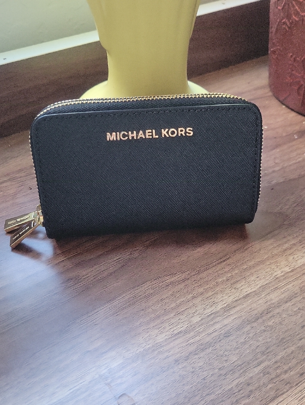 Michael Kors Black Zip-Around Saffiano Leather Mini Wallet with Gold Hardware
